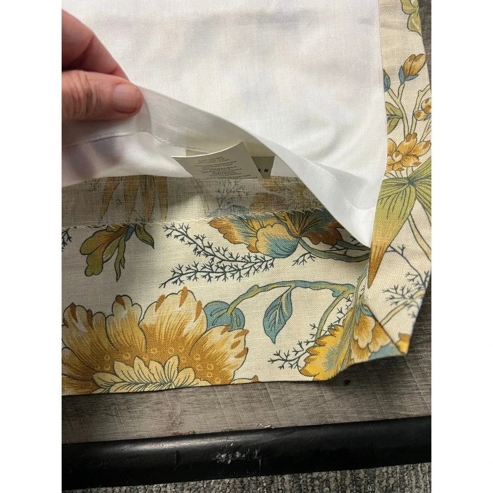 Pottery Barn Floral Linen Cotton Lined Curtain Panels Yellow Teal 50x96 Set of 2